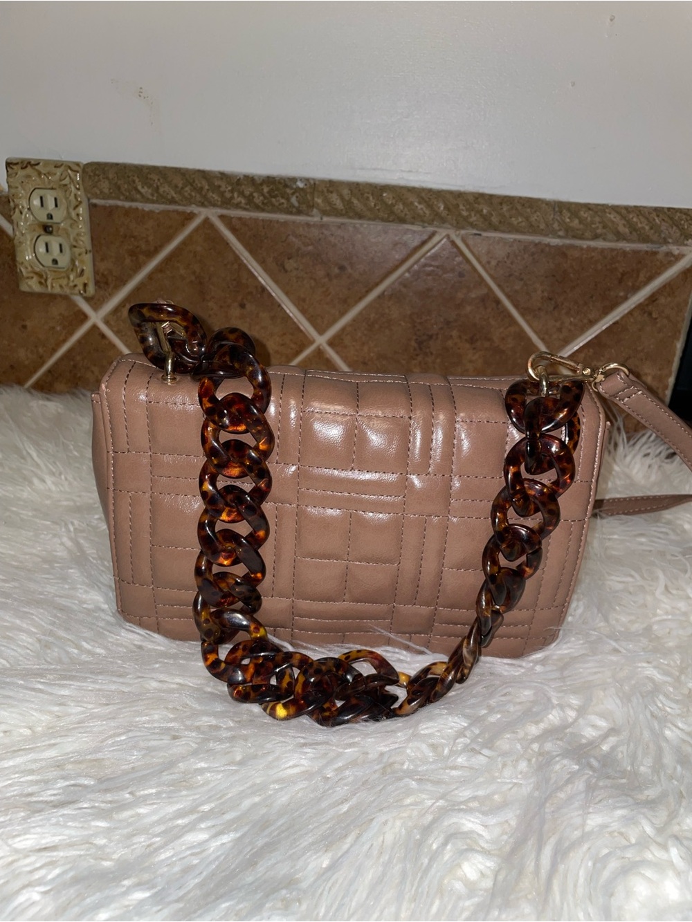 Quilted Shoulder Bag in Brown with Tortoiseshell Chain